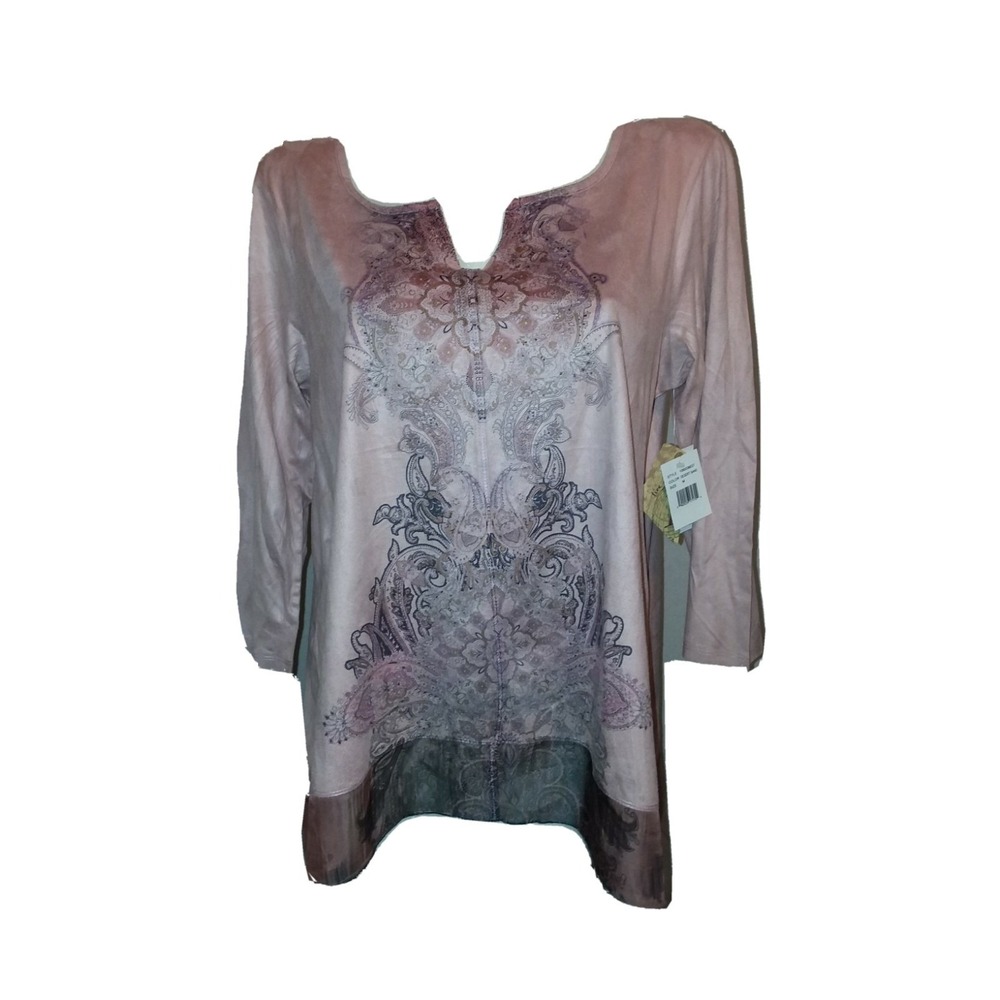 New One World Women Size M Desert Sand Faux Suede Paisley Mesh Hem Tunic Top NWT